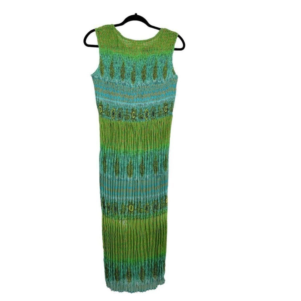 Vtg 90s Festival Smocked Crinkle Colorful Maxi Dress Sz 6P Blue Paisley Stretch - Picture 8 of 12